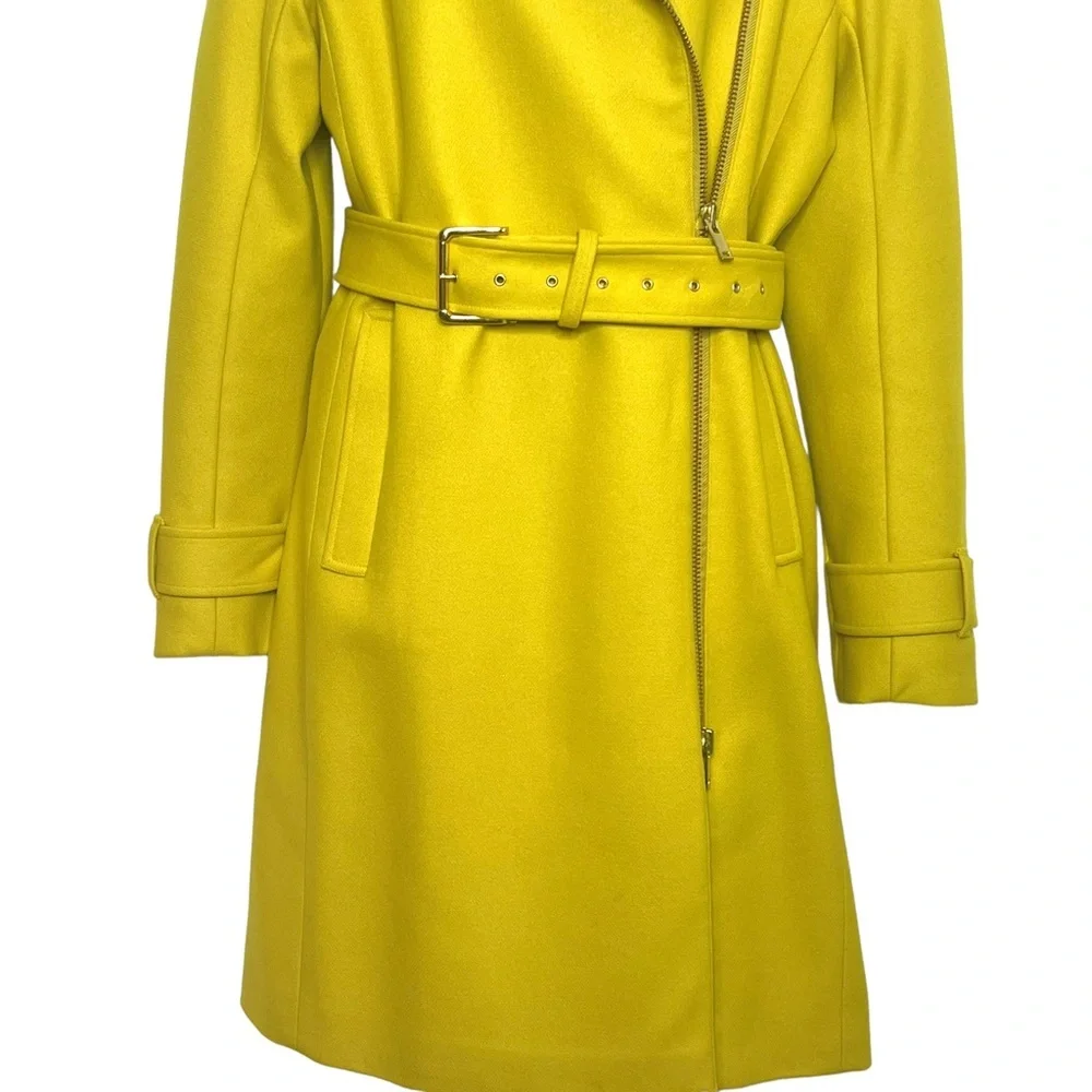 J.CREW GOLD MELTON WOOL ASYMMETRICAL ZIP FRONT BELTED TRENCH COAT SIZE 8 - Picture 3 of 13